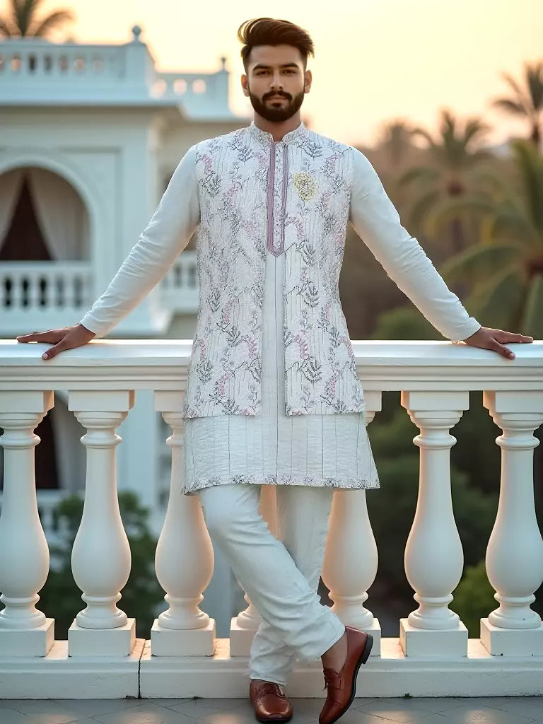 Cream Stylish Floral Thread Embroidery Raw Silk Kurta Jacket Set
