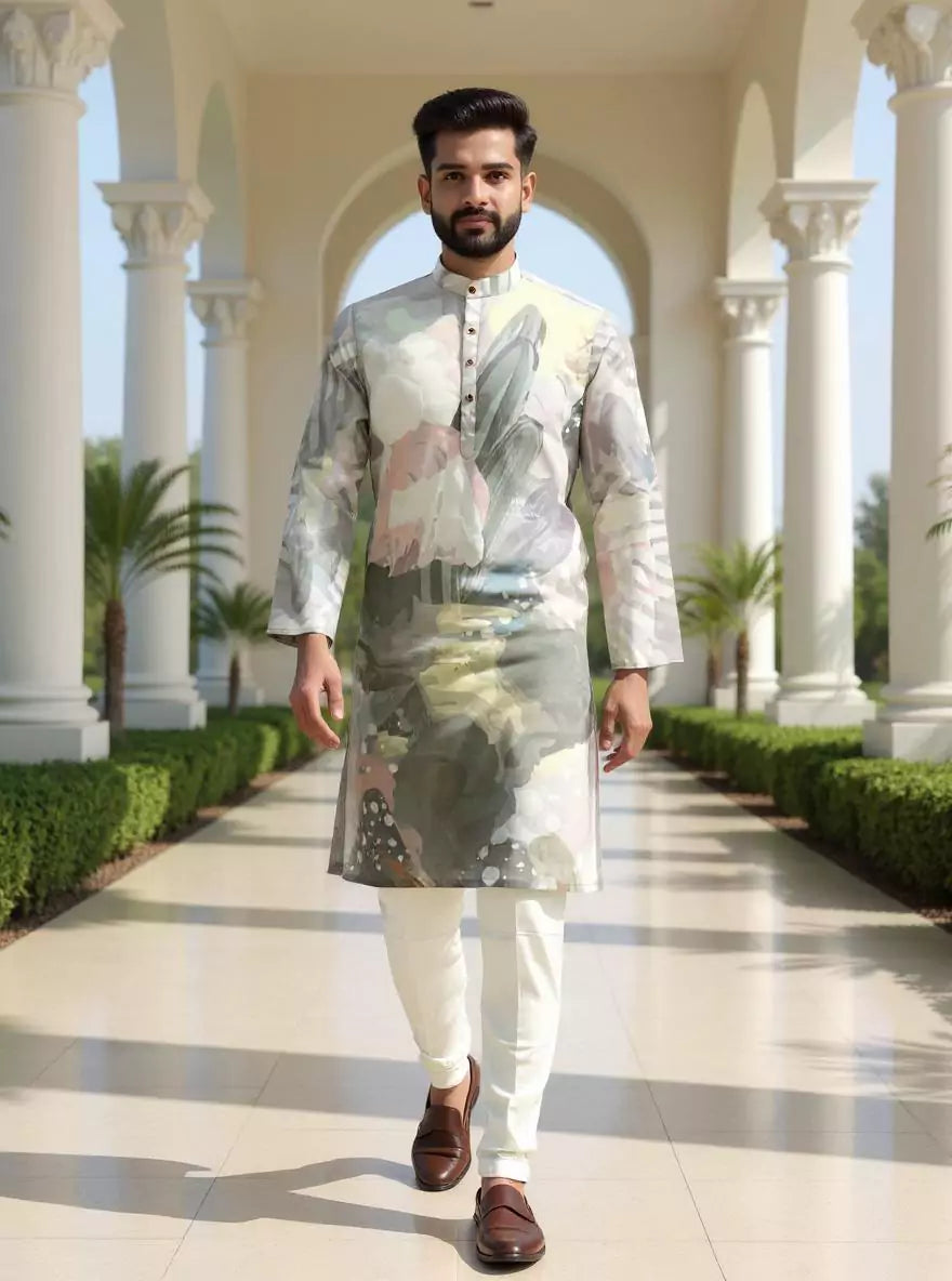 Purple Digital Graphic Print Cotton Silk Kurta