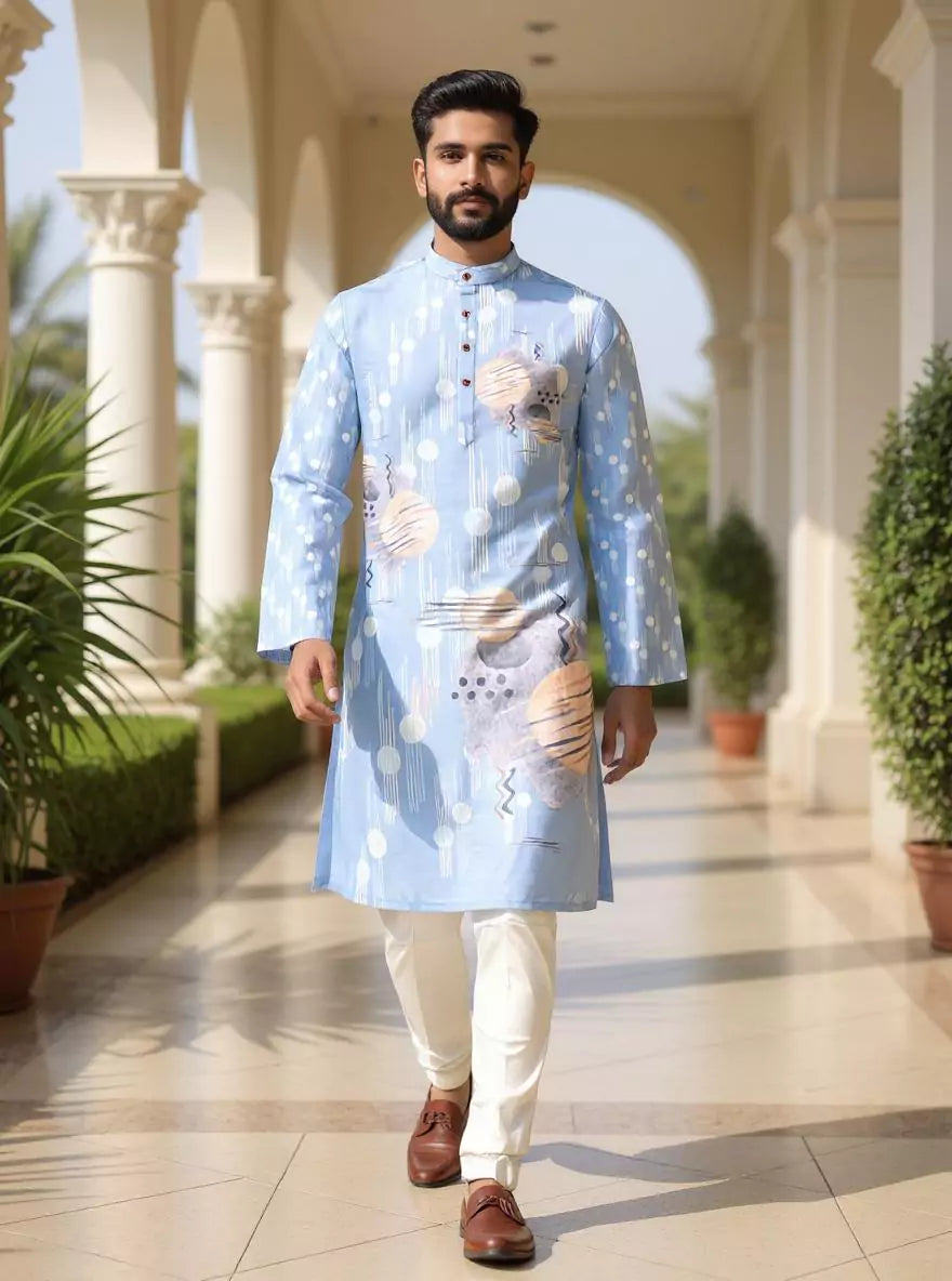 Light Sky Geometric Print Cotton Silk Kurta for Men