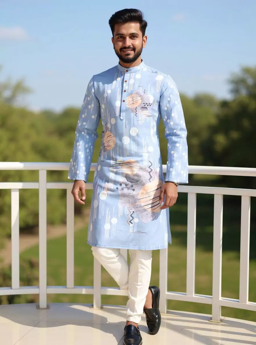 Light Sky Geometric Print Cotton Silk Kurta for Men