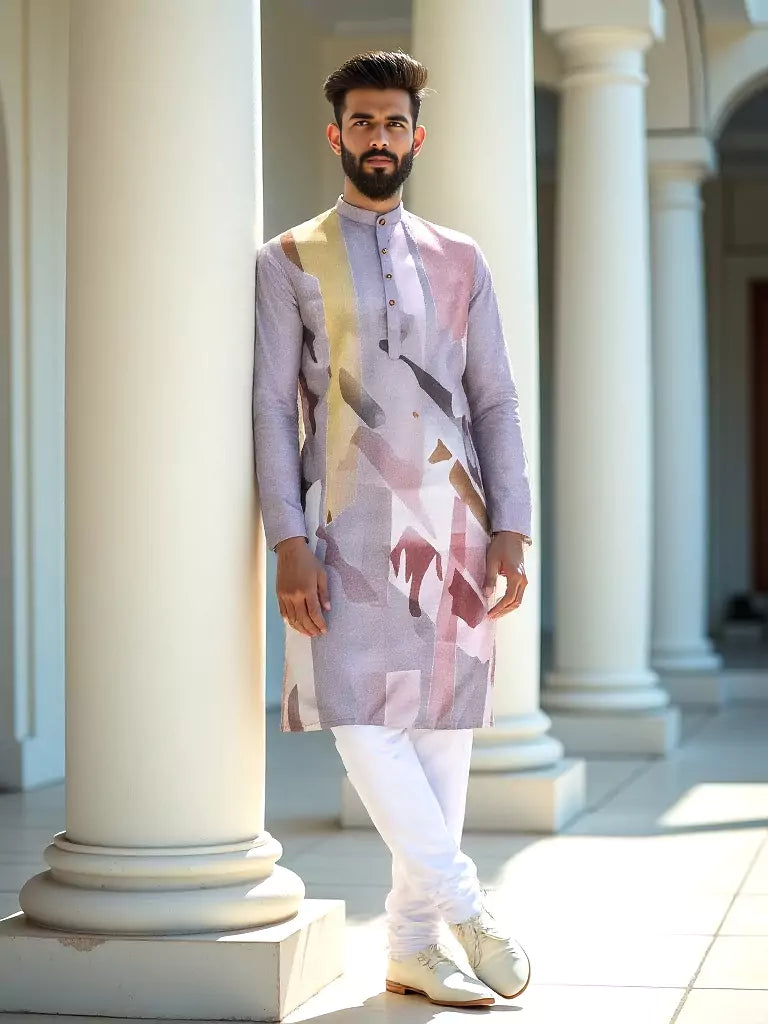 Light Onion Graphic Printed Cotton Silk Kurta