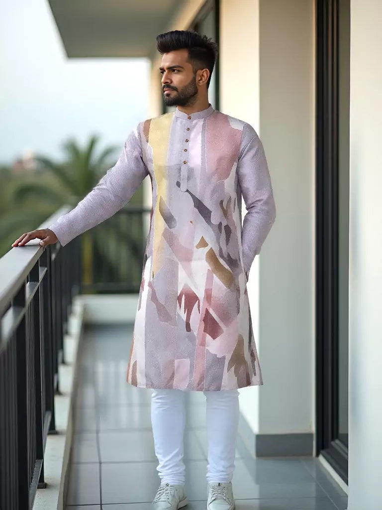 Light Onion Graphic Printed Cotton Silk Kurta