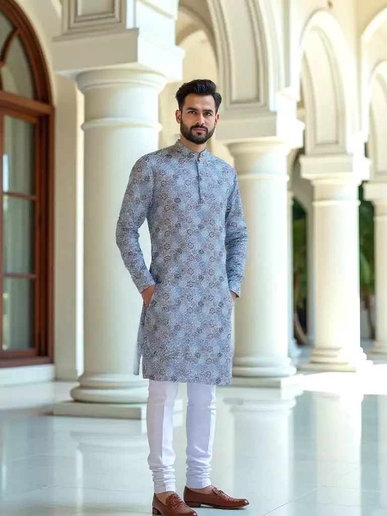 Blue Ethnic Floral Motifs Cotton Silk Printed Kurta
