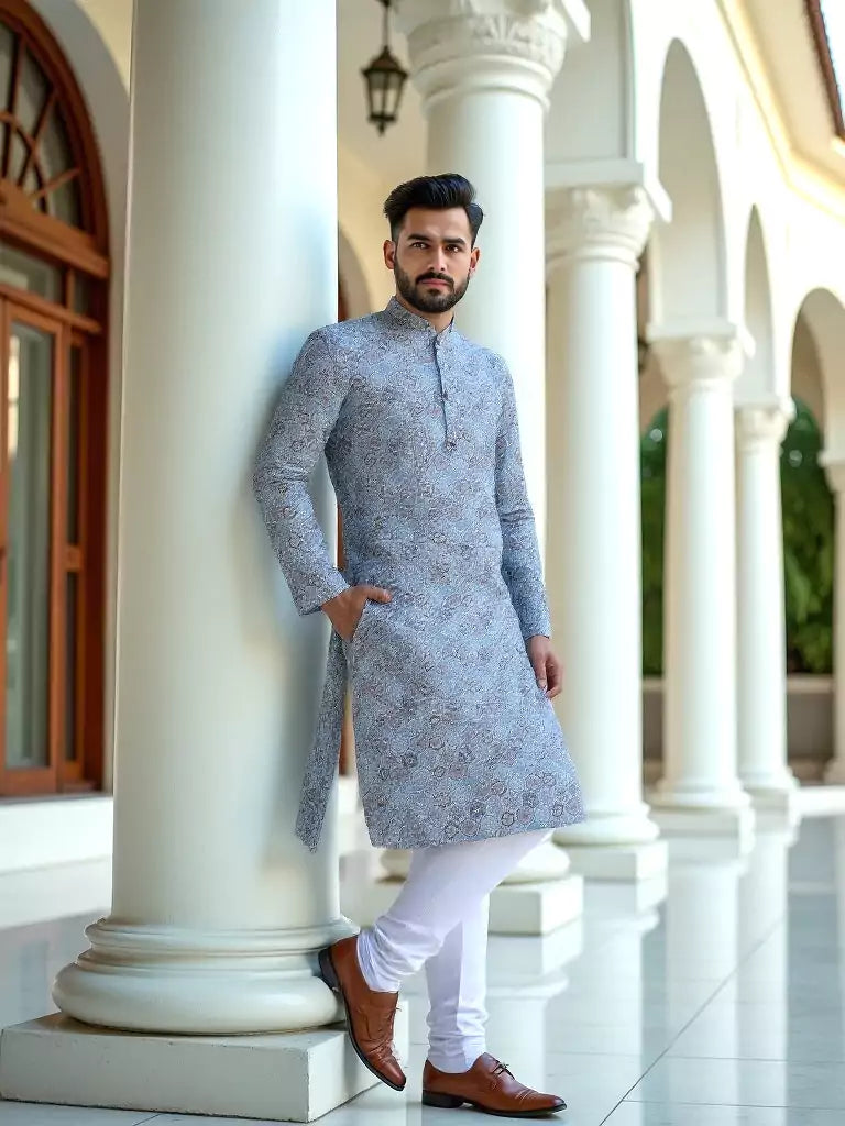Blue Ethnic Floral Motifs Cotton Silk Printed Kurta