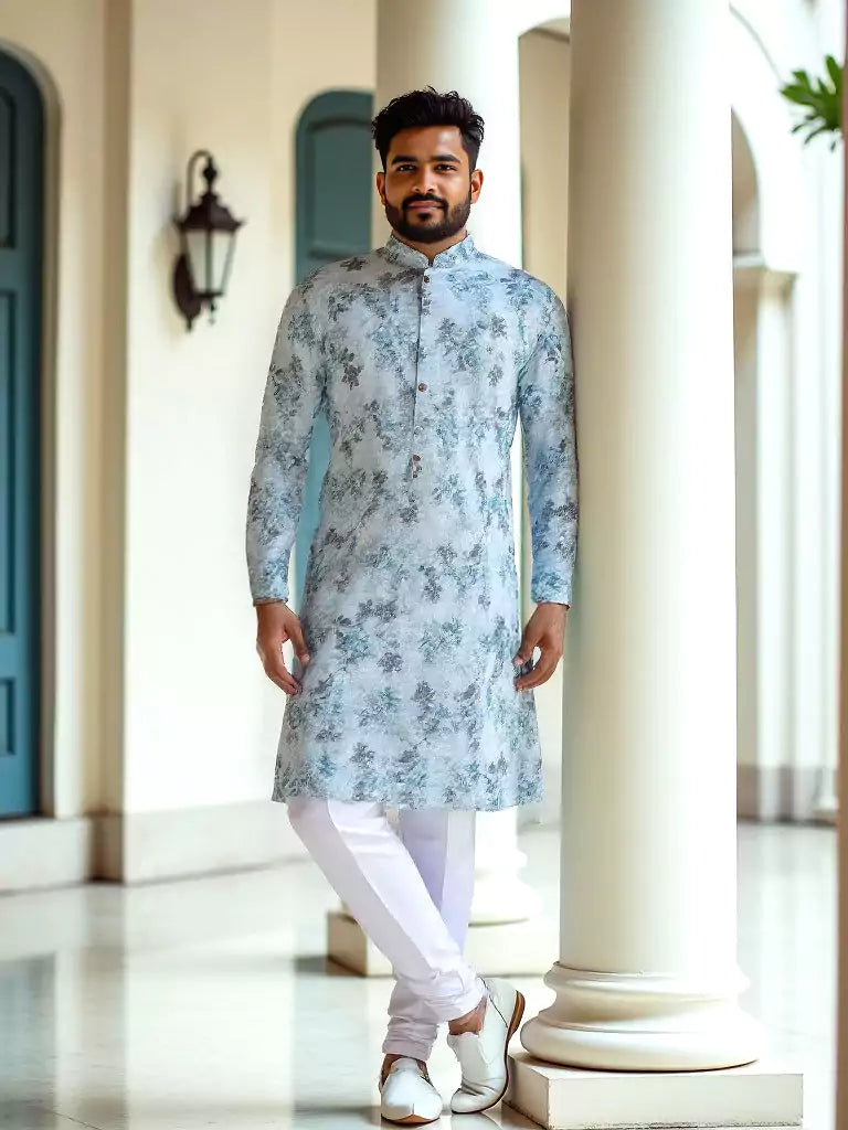 Sky Digital Floral Print Cotton Silk Kurta
