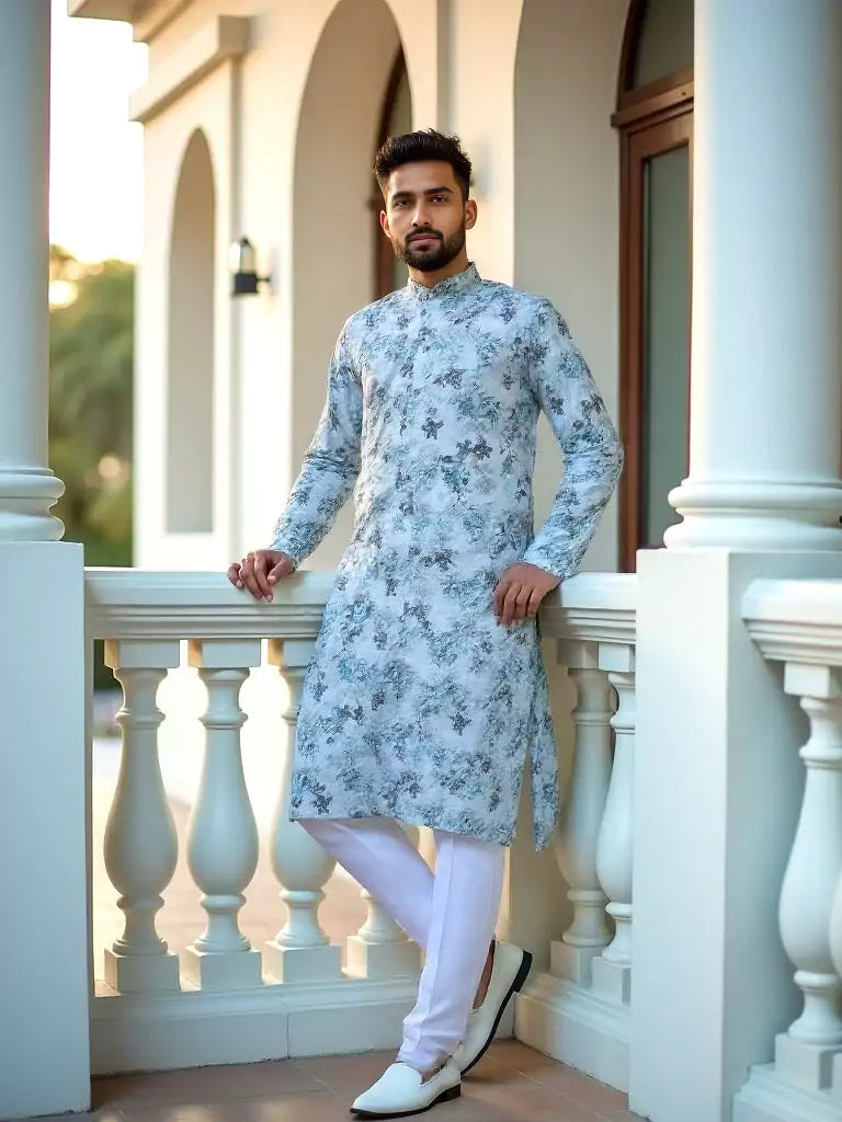 Sky Digital Floral Print Cotton Silk Kurta