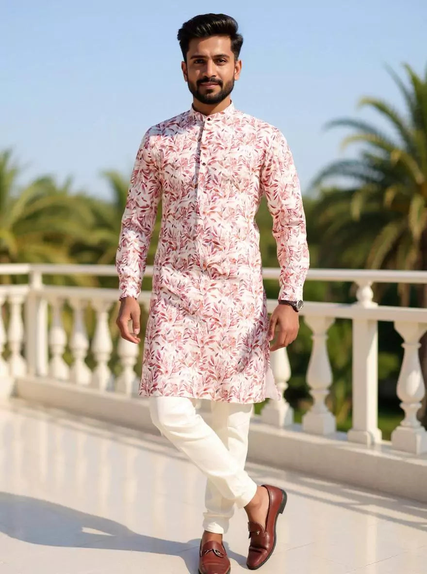 Light Brown Botanical Digital Print Cotton Kurta