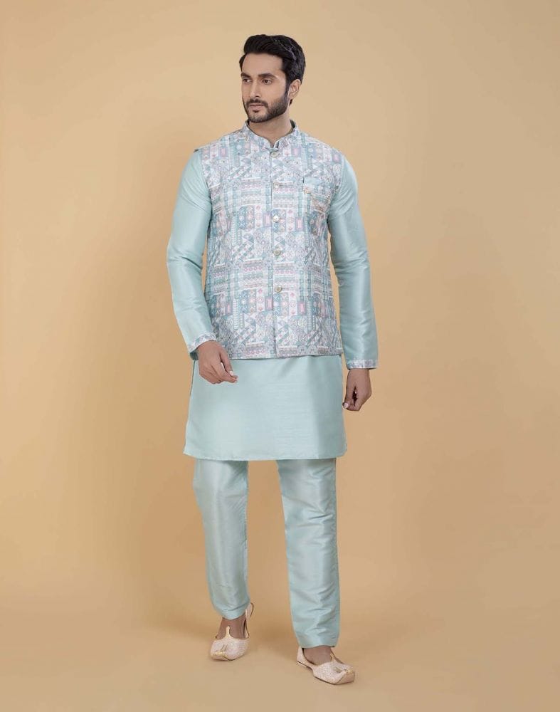 Sky Blue Brocade With Gold Zari Work Kurta Jacket Set