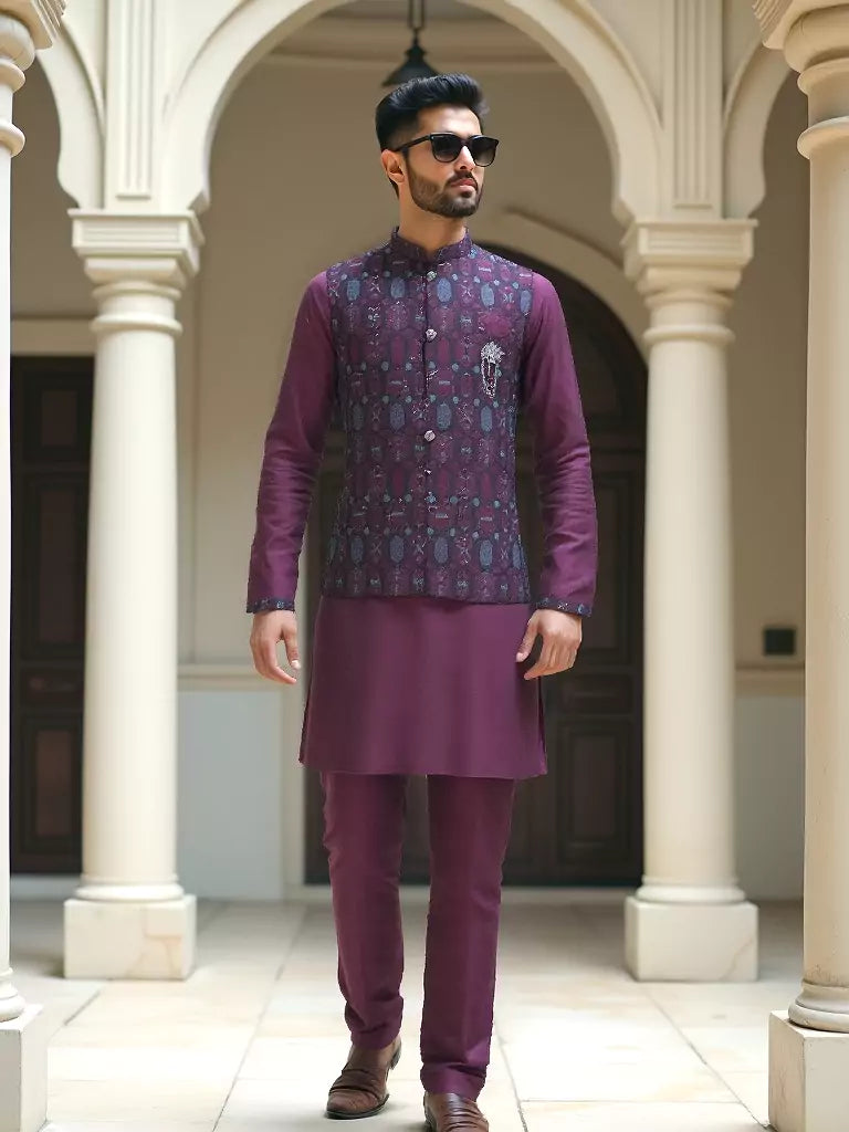 Wine Floral Embroidery and Sequence Work Milky Silk Kurta Jacket Set