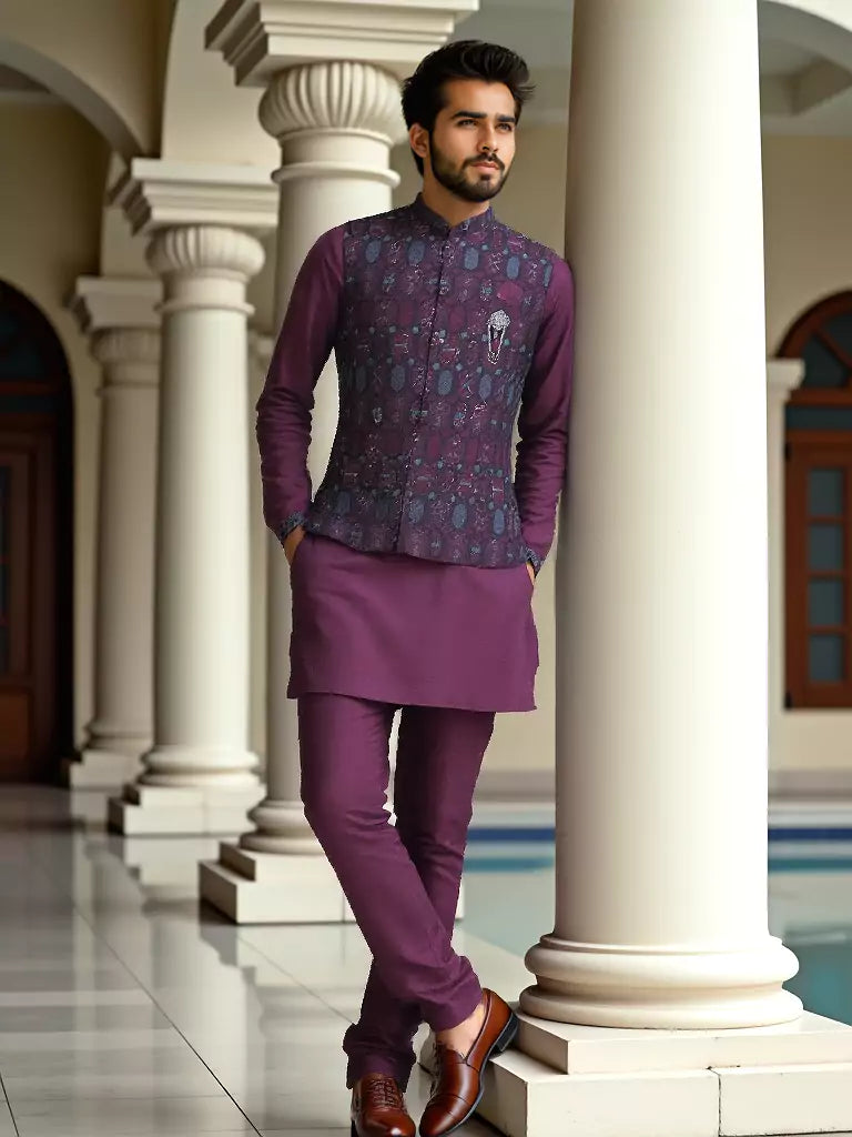 Wine Floral Embroidery and Sequence Work Milky Silk Kurta Jacket Set