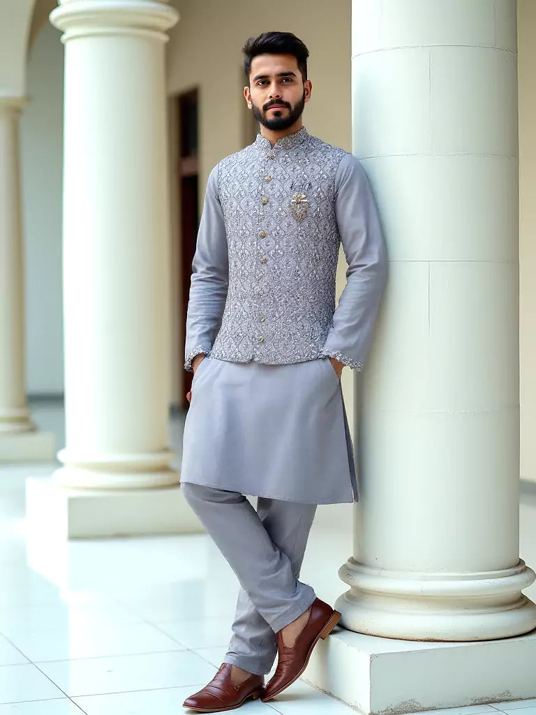 Grey Milky Silk Floral Design Embroidery Party Wear Kurta Jacket