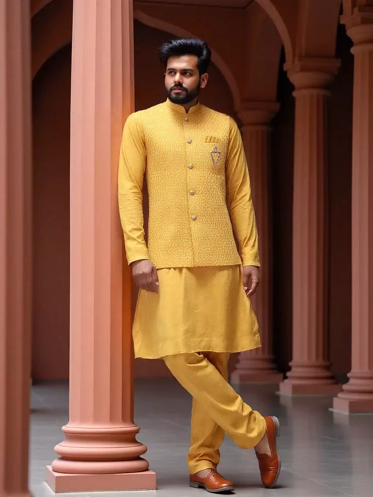 Yellow Self Design Milky Silk Thread Work Kurta Set