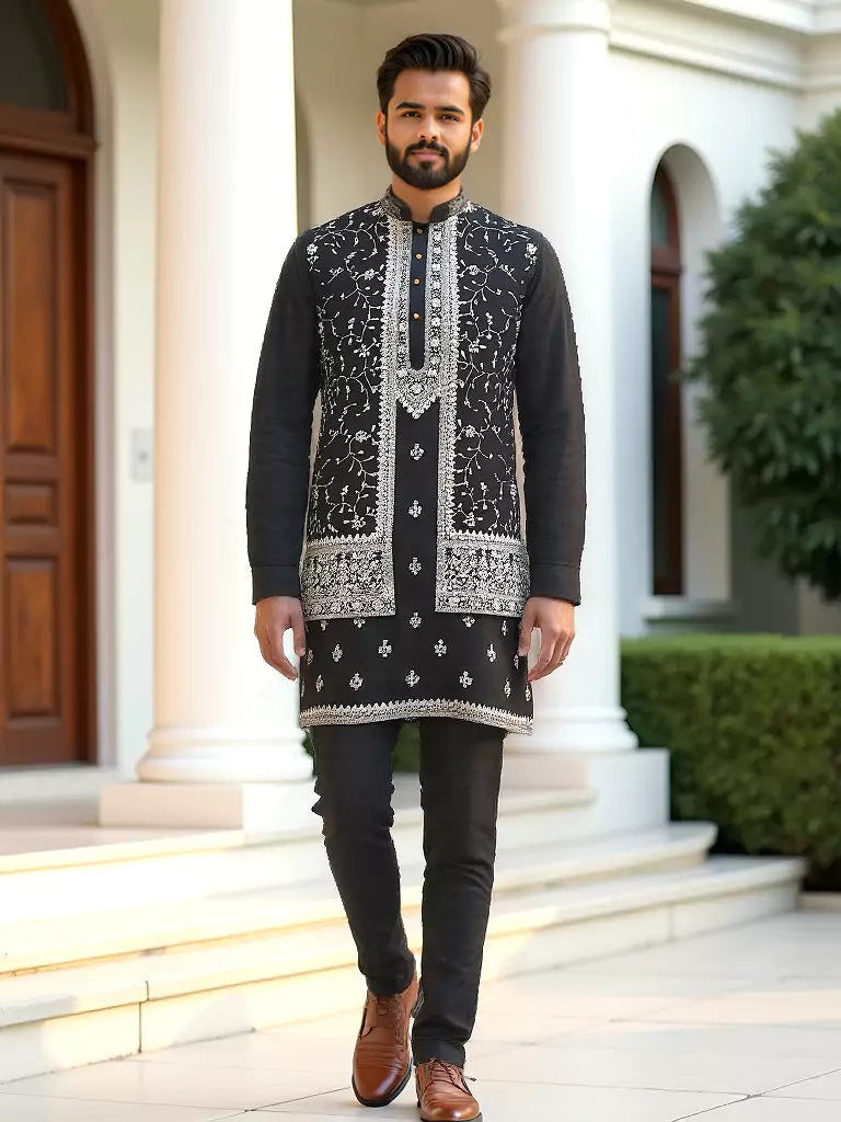 Mehendi Floral Design Thread Embroidery Raw Silk Kurta Set