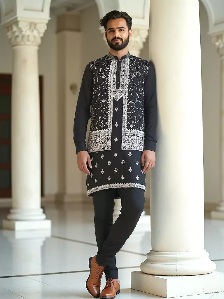Mehendi Floral Design Thread Embroidery Raw Silk Kurta Set