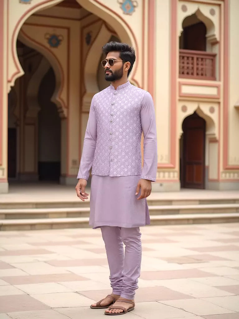 Onion Colour Floral Sequence Work Milky Silk Kurta Jacket Set