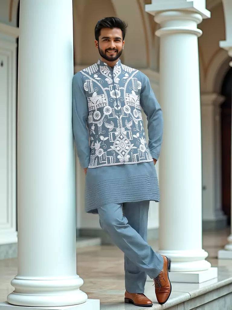 Blue Floral Pattern Thread Work Giza Cotton Kurta Set