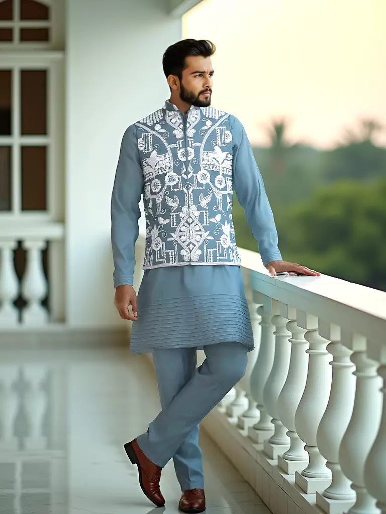 Blue Floral Pattern Thread Work Giza Cotton Kurta Set