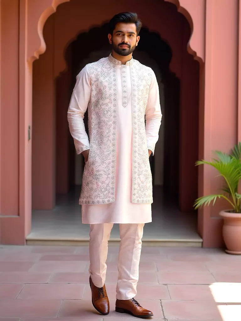 Thread Embroidery Design Floral Raw Silk Kurta Jacket Set in Light Pink