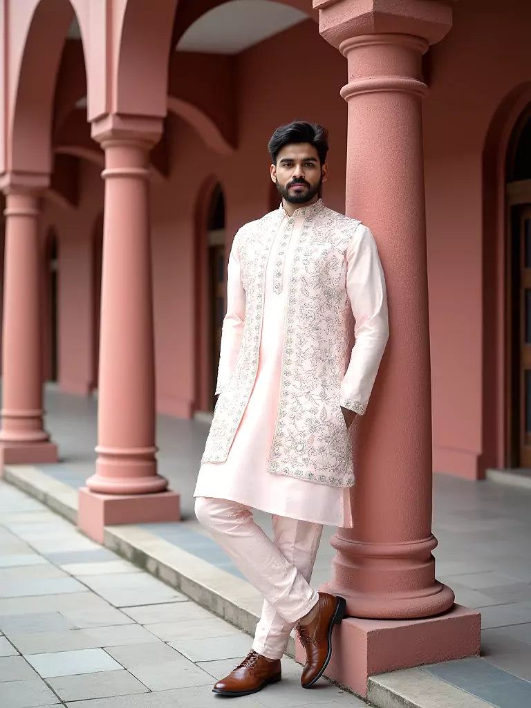 Thread Embroidery Design Floral Raw Silk Kurta Jacket Set in Light Pink