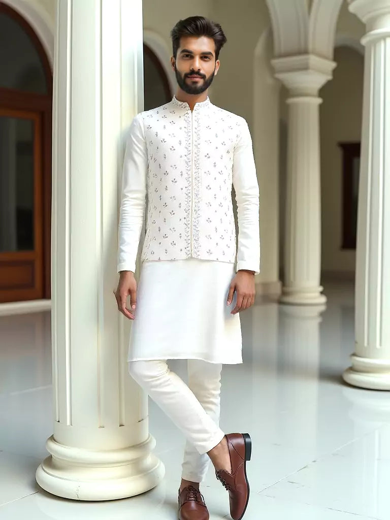 Cream Floral Elegant Thread Embroidery Work Raw Silk Kurta Set