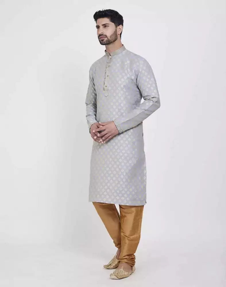 Grey Self Highlighted Brocade Design Kurta Pajama Set