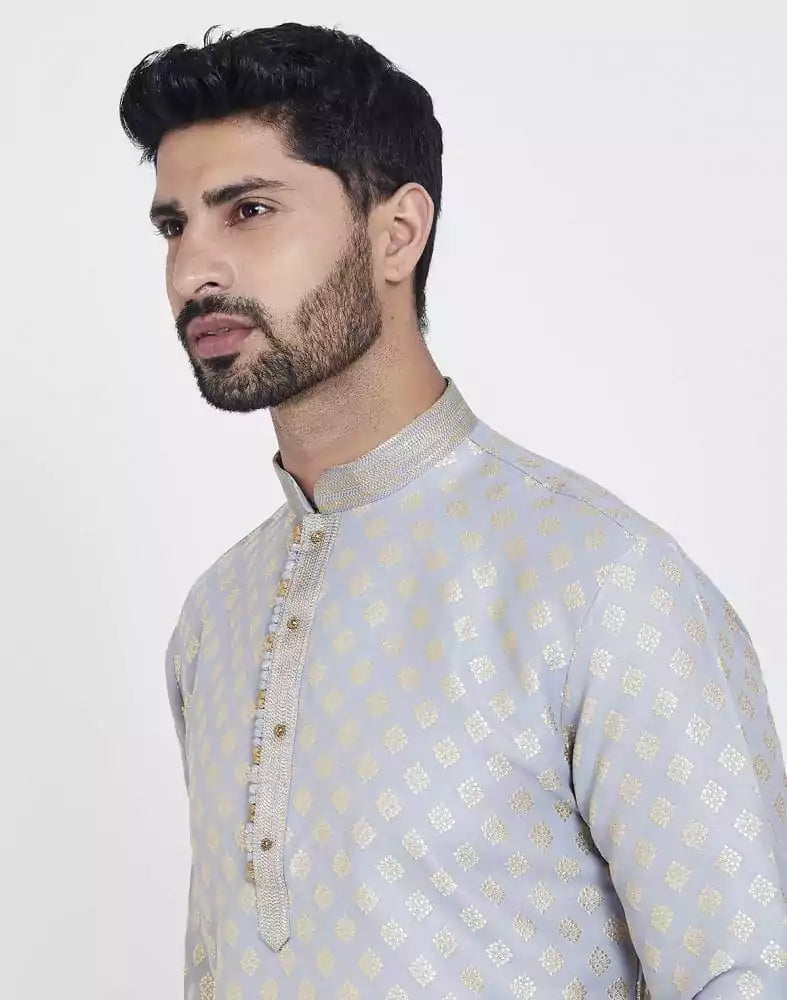 Grey Self Highlighted Brocade Design Kurta Pajama Set