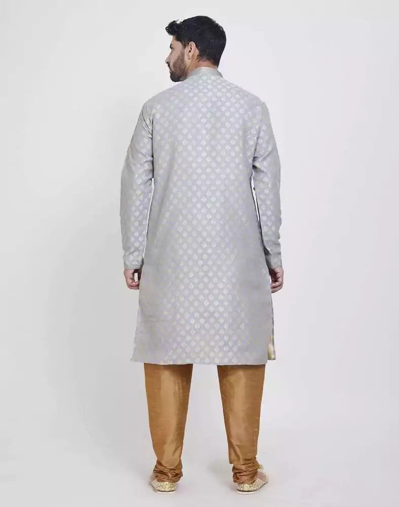 Grey Self Highlighted Brocade Design Kurta Pajama Set
