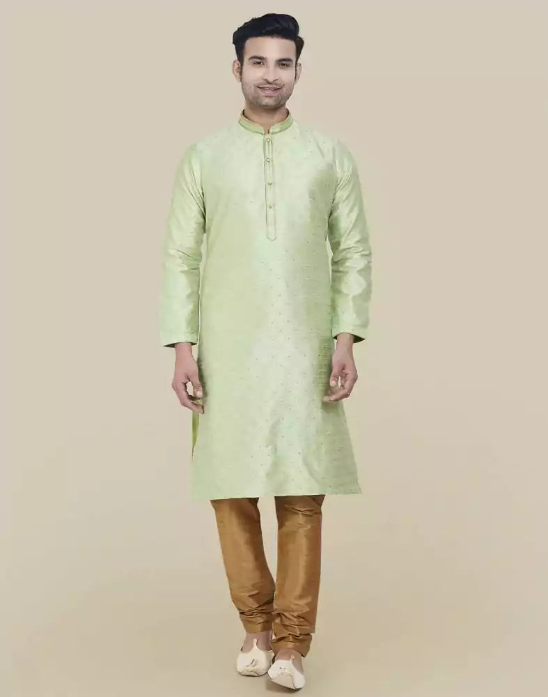 Pista Green Self Highlighted Brocade Design Kurta Pajama Set