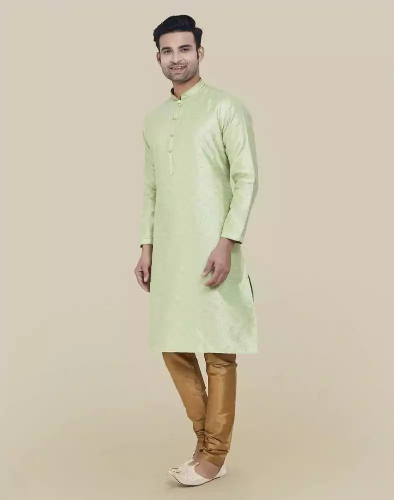 Pista Green Self Highlighted Brocade Design Kurta Pajama Set