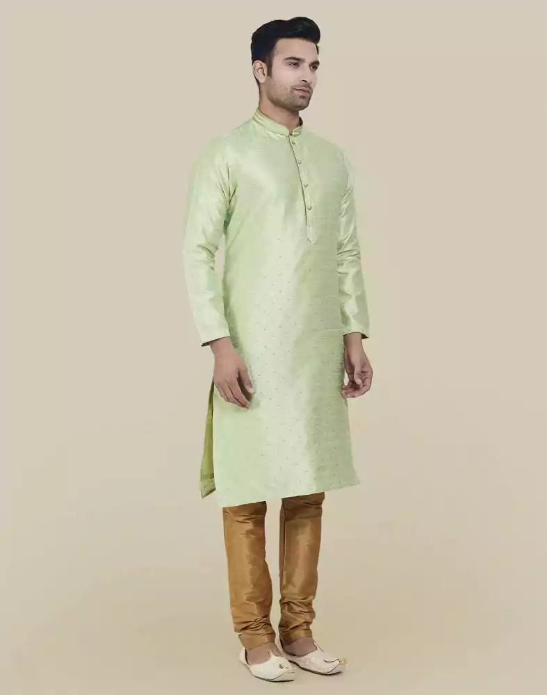 Pista Green Self Highlighted Brocade Design Kurta Pajama Set