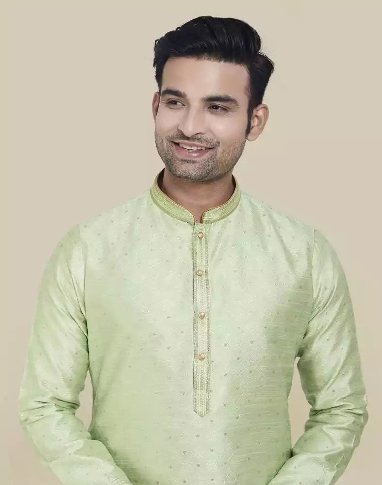 Pista Green Self Highlighted Brocade Design Kurta Pajama Set