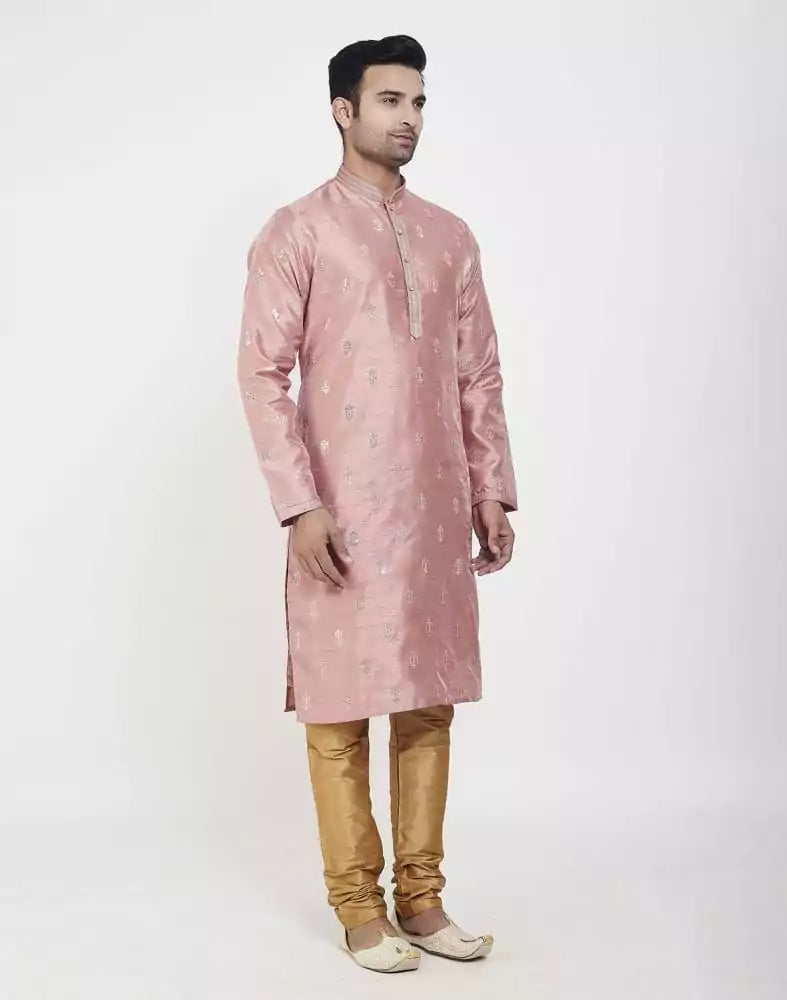 Peach Self Highlighted Brocade Design Kurta Pajama