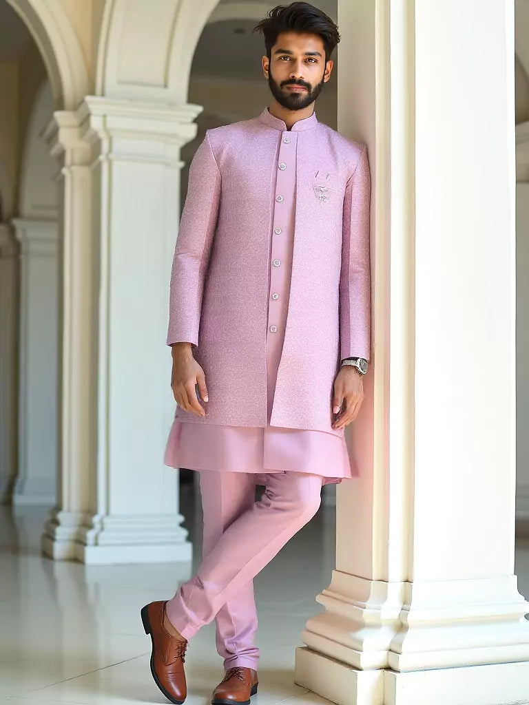 Onion Coloured Self Patterned Giza Cotton Thread Work Kurta Jacket Set
