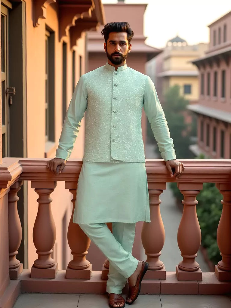 Light Pista Floral Thread Embroidery Giza Cotton Kurta Jacket Set