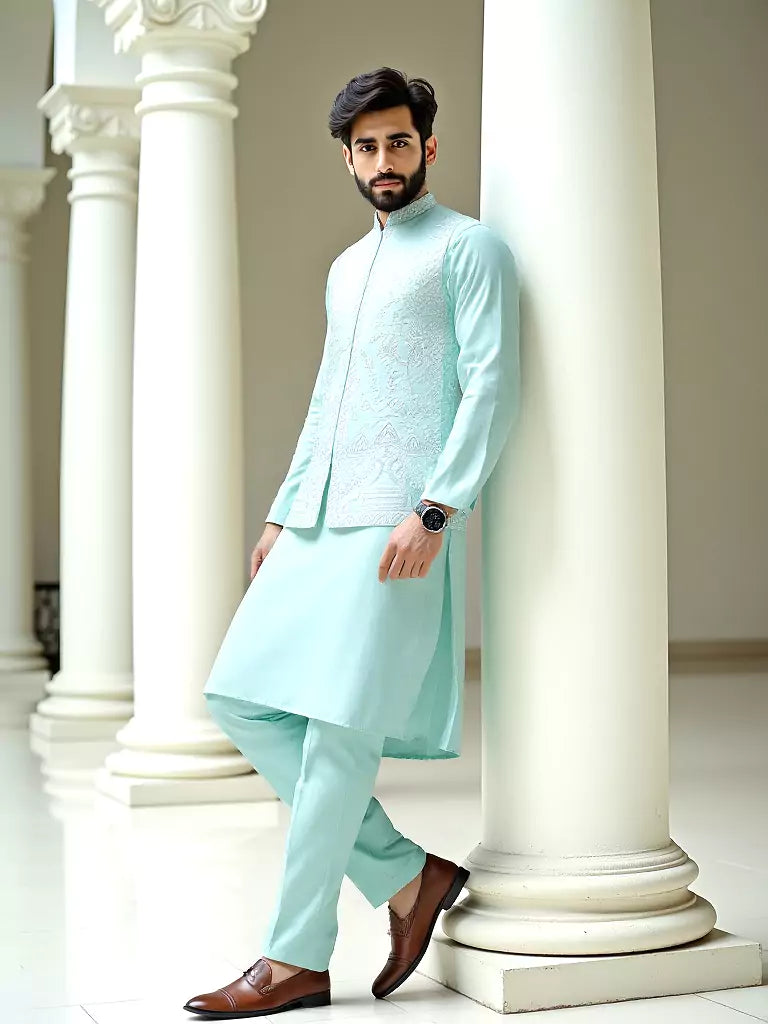 Sky Blue Floral Embroidery Work Giza Cotton Kurta Jacket Set