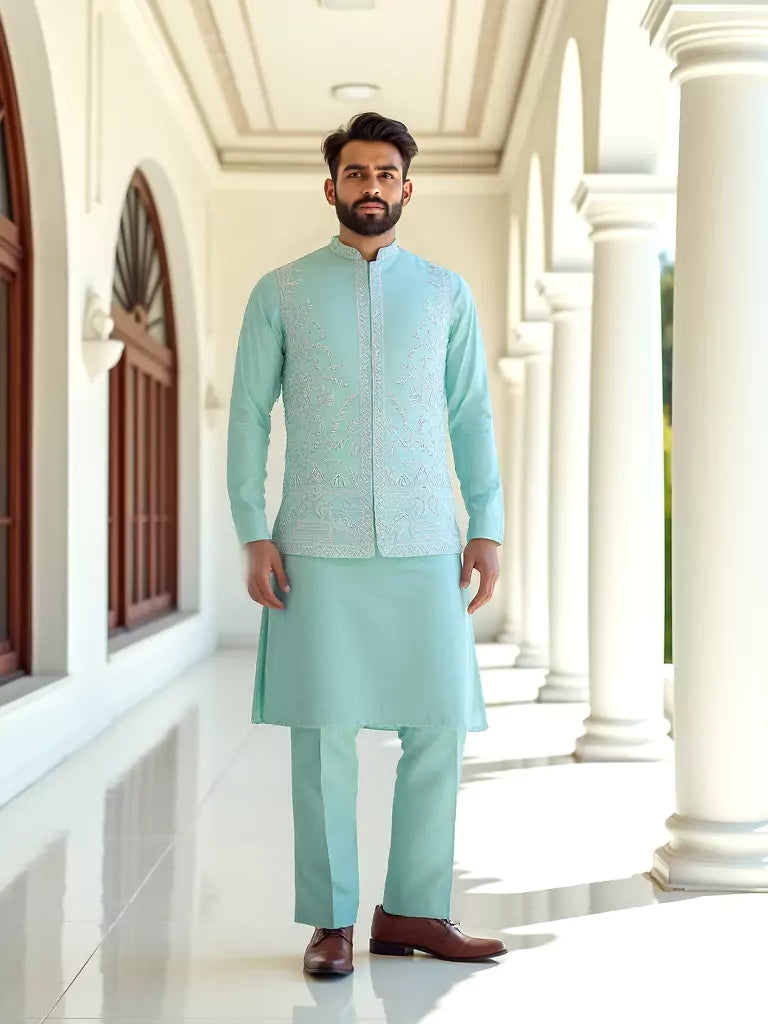 Sky Blue Floral Embroidery Work Giza Cotton Kurta Jacket Set