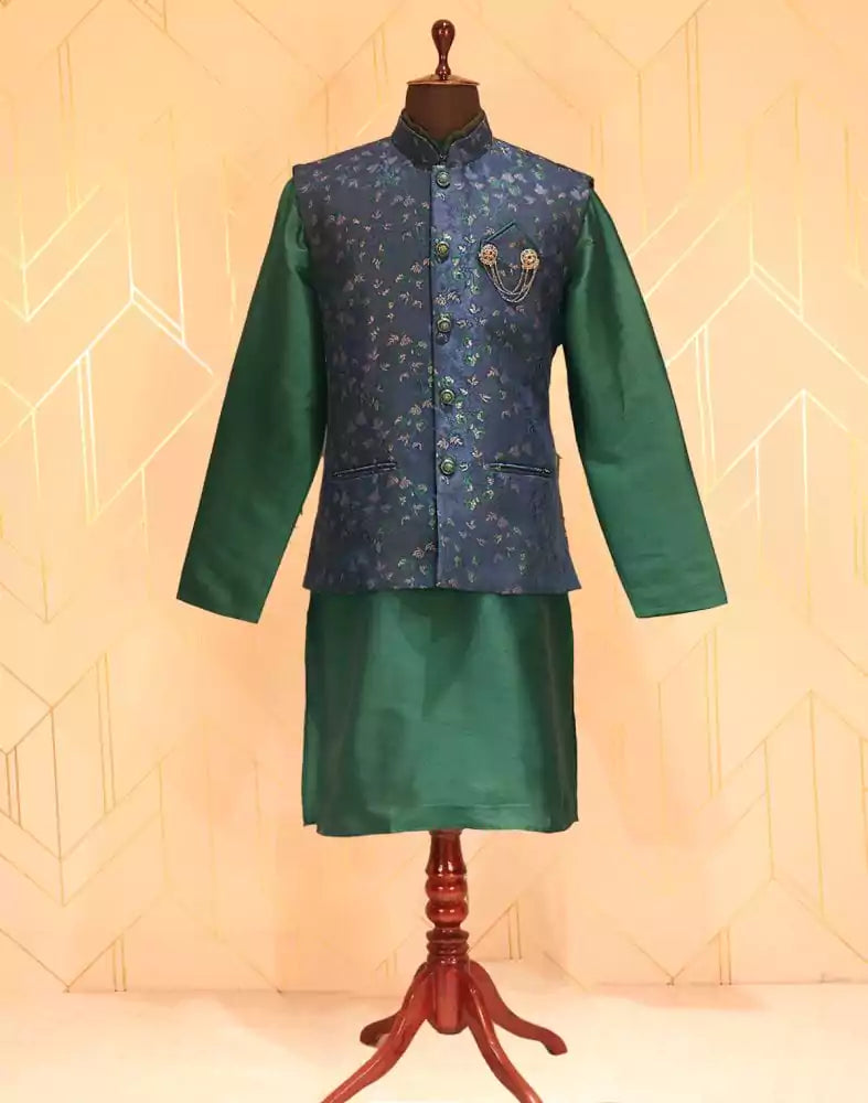 Rama Green and Navy Blue Colour Floral Jacquard Deroyal Kurta and Jacket Set