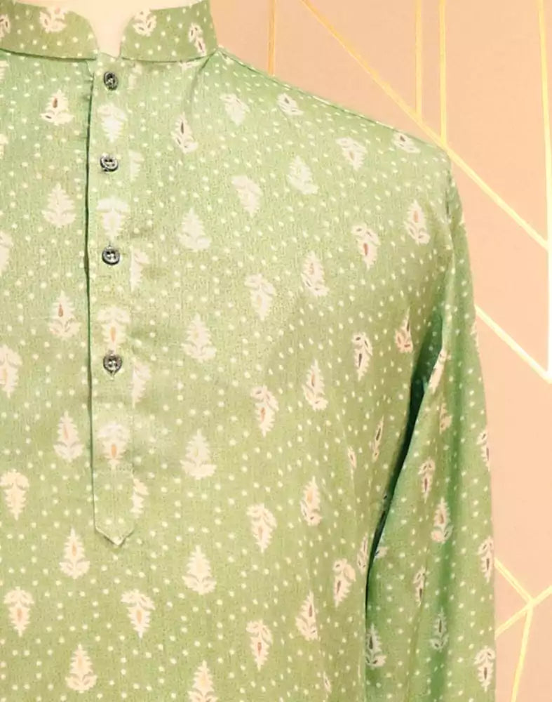 Pista Green Floral Printed Cotton Silk Kurta Pyjama Set