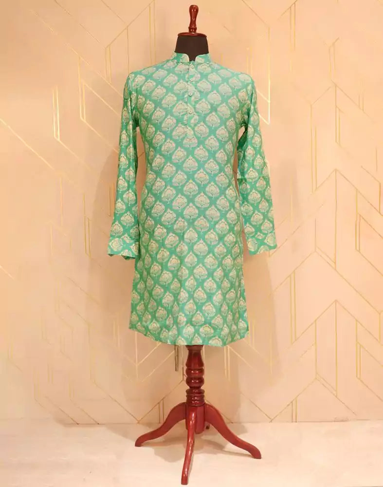 Green Elegant Floral Cotton Silk Kurta Pyjama Set