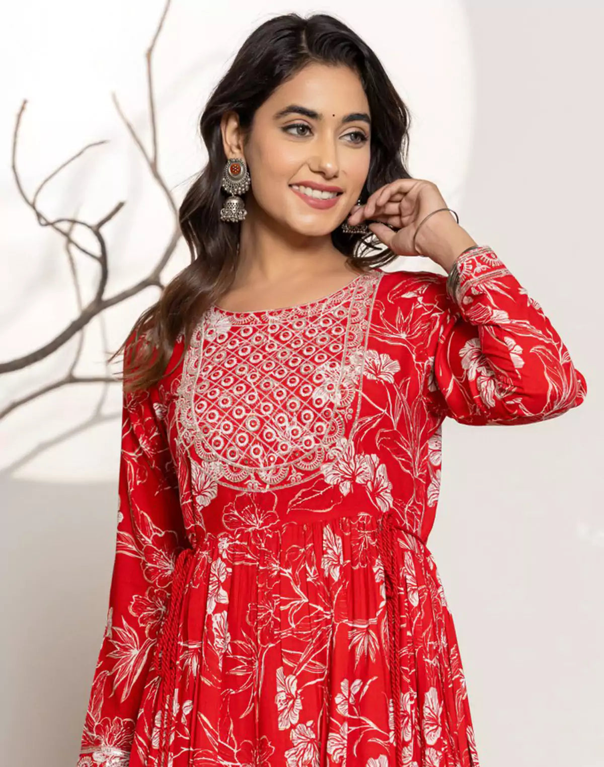 Cherry Red Floral Print Rayon Flared Kurti