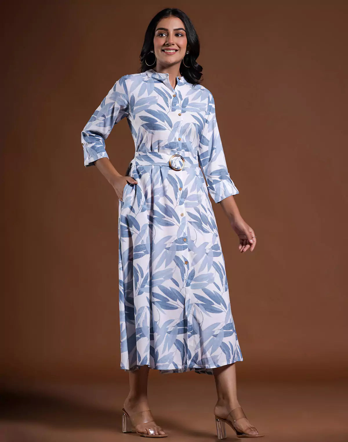 Light Blue Cotton Silk Botanical Print Kurti With Belt