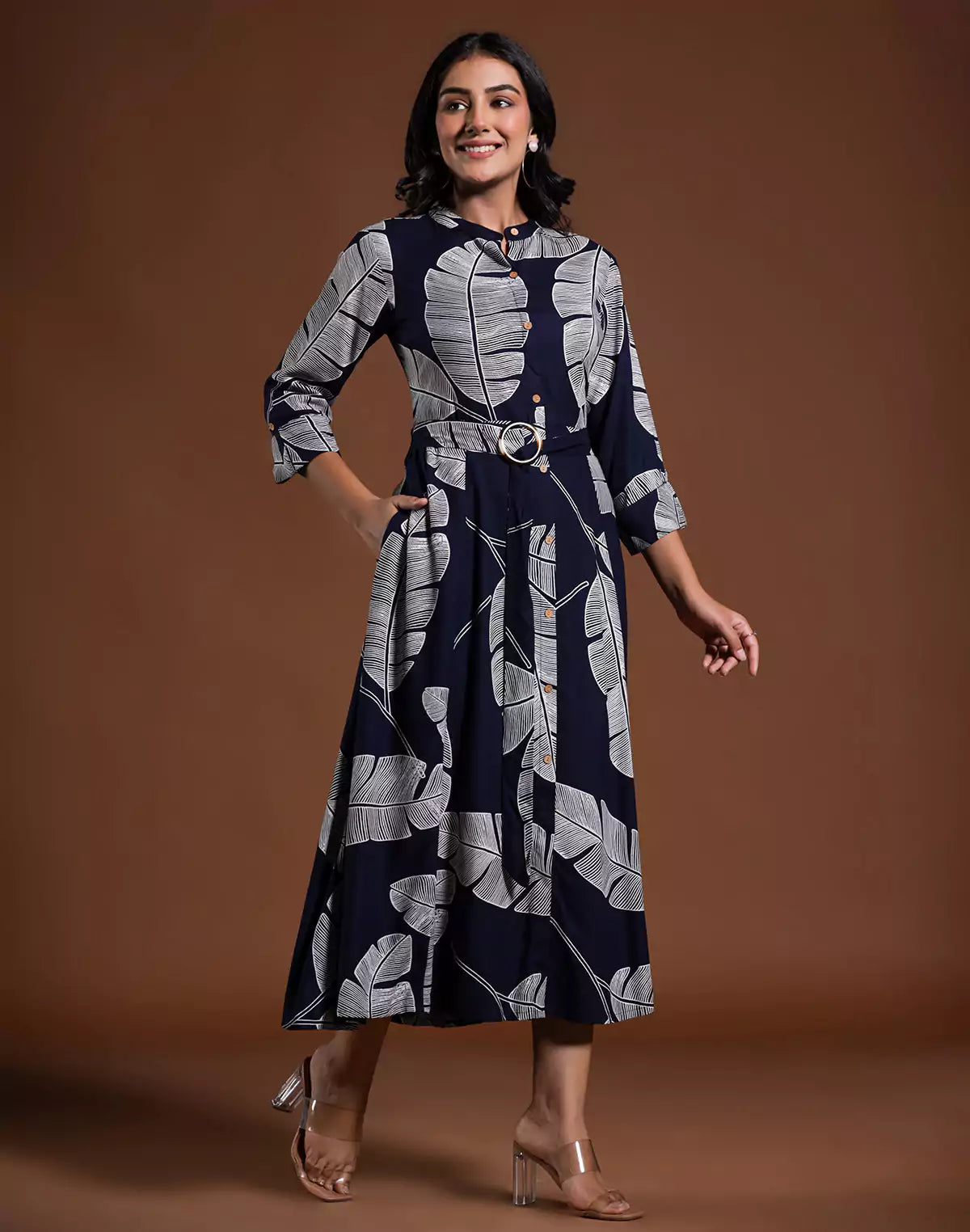 Navy Blue Cotton Silk Peonies Print Kurti With Belt