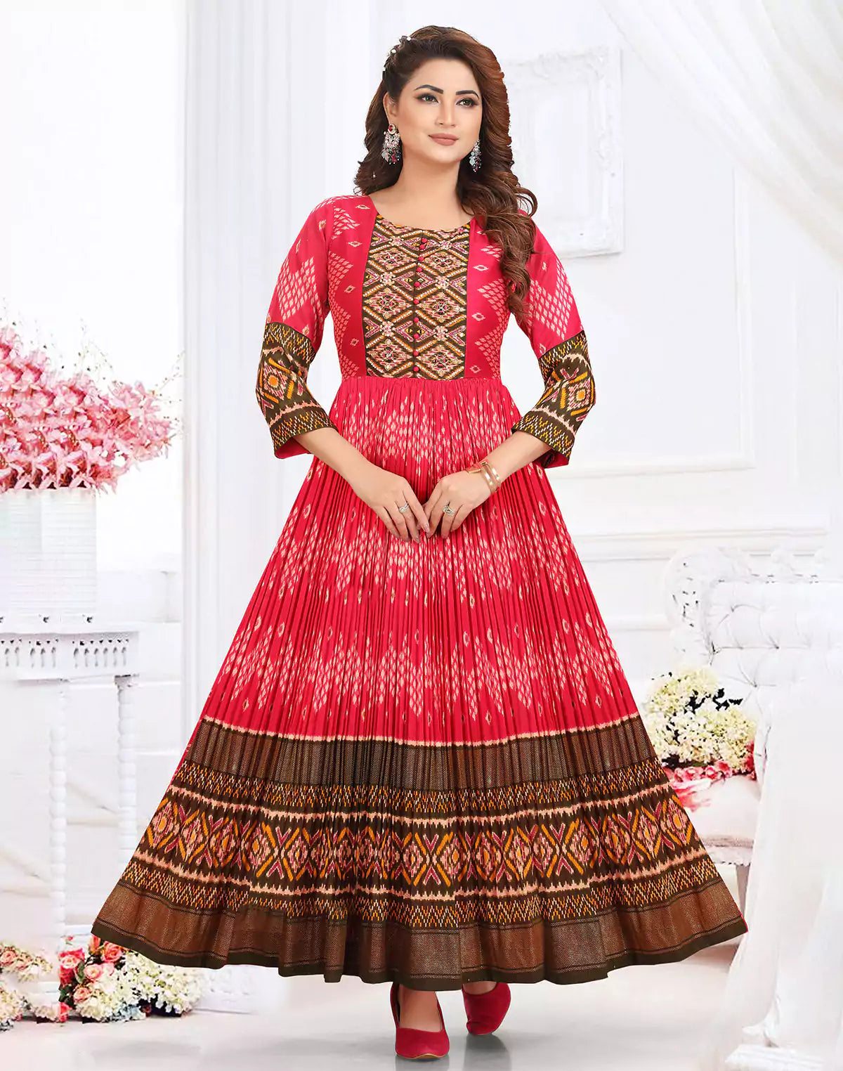 Cotton Silk Ikat Print Red Coloured Flared Dress Cotton Silk Ikat Print Red Coloured Flared Dress