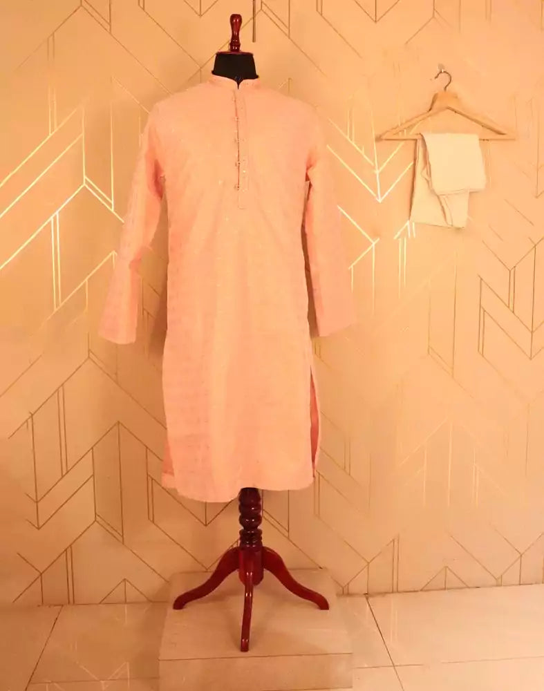 Peach Floral Butta Raw Silk Kurta Pyjama Set