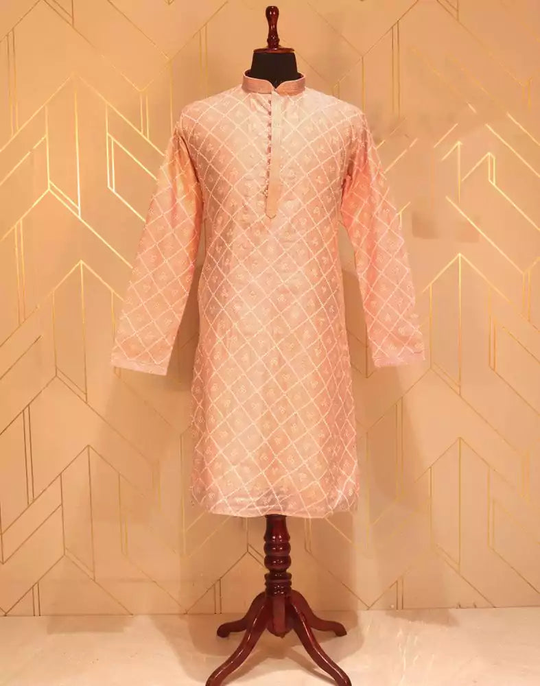 Peach Geometric Mica Print Paper Silk Kurta Pyjama Set
