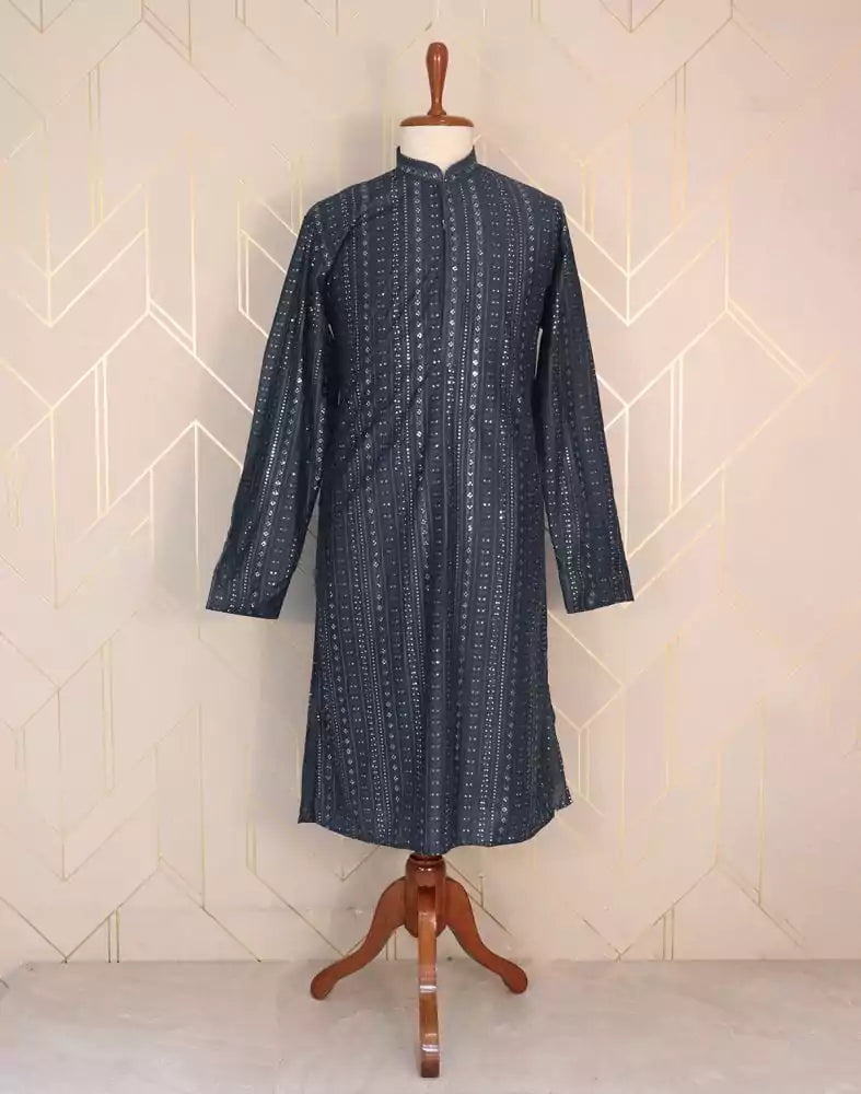 Blue Striped Raw Silk Embellished work Kurta Pyjama Set
