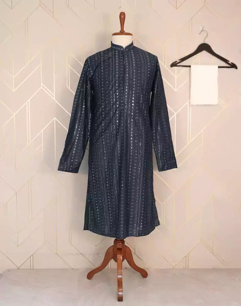 Blue Striped Raw Silk Embellished work Kurta Pyjama Set