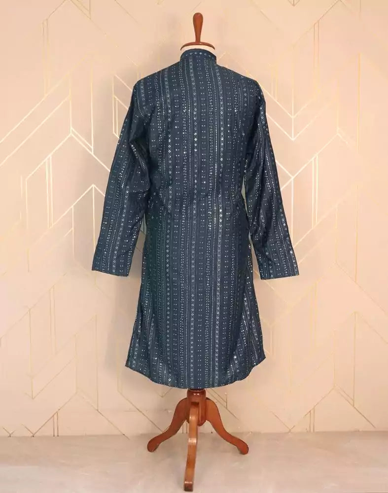 Blue Striped Raw Silk Embellished work Kurta Pyjama Set