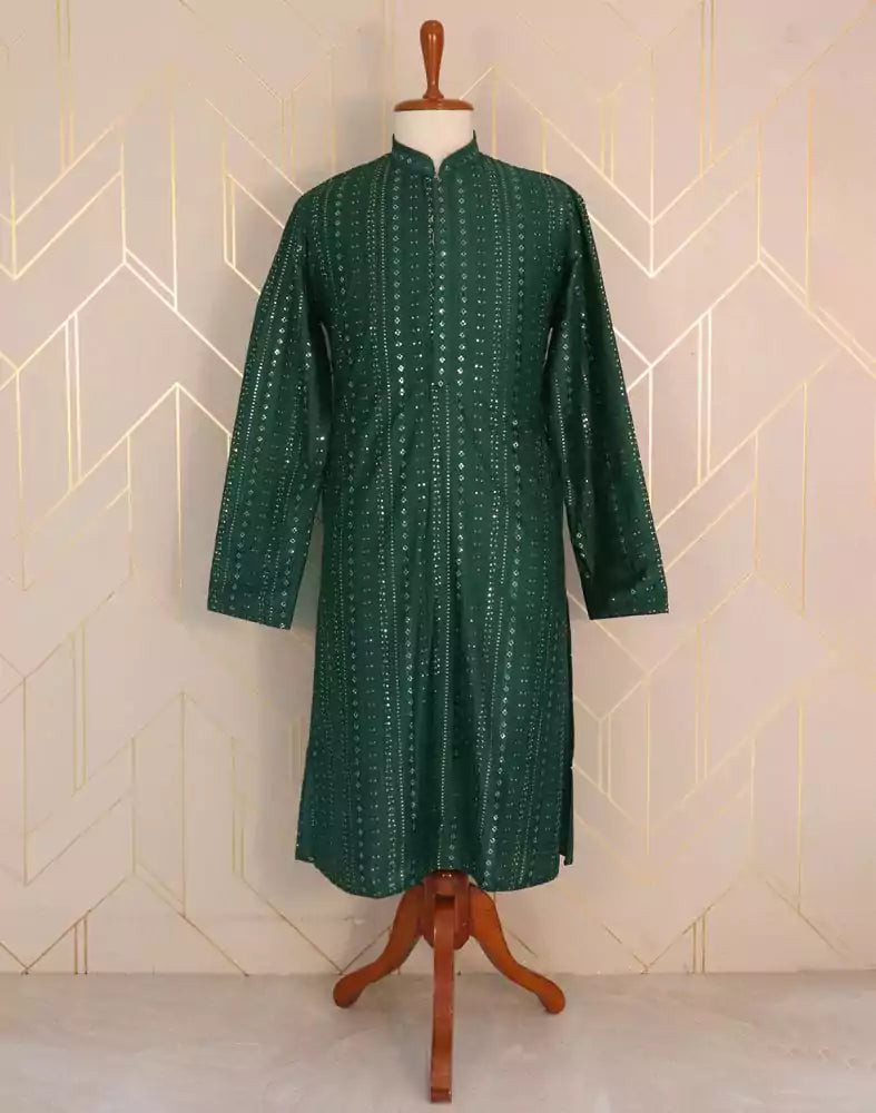 Dark Green Geometric Pattern Mirror Work Cotton Kurta Pyjama Set