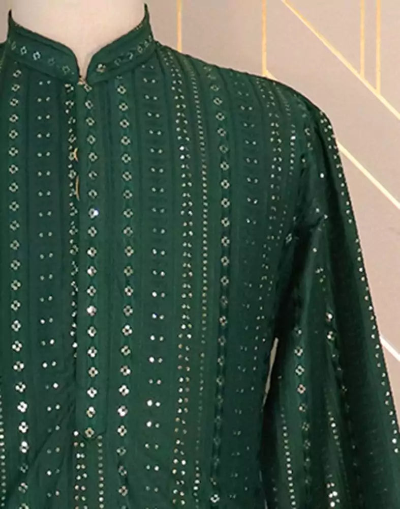 Dark Green Geometric Pattern Mirror Work Cotton Kurta Pyjama Set